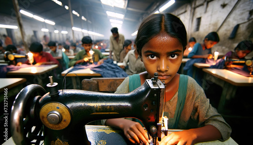 Young Indian girl working in the textile industry using a sewing machine .In garment factories, children perform diverse tasks such as dyeing, sewing buttons, cutting and trimming threads, folding 