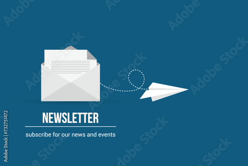Newsletter. vector illustration of email marketing. subscription to newsletter, news, offers, promotions. a letter and envelope. subscribe, submit. send by mail.	 photo