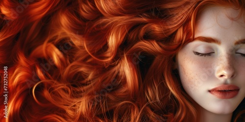 Detailed portrait of a young woman with vibrant curly red hair and freckles photo