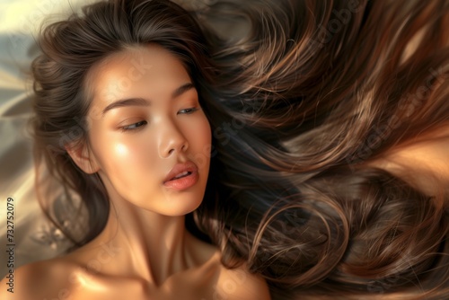 Close-up of a young woman lying down with her long  dark hair fanned out around her