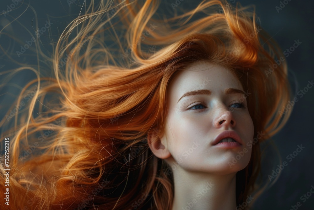 Redhead with eyes closed, hair in a wind's embrace, capturing a moment of tranquility