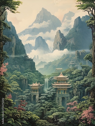Mountain Temples: Majestic Art Unveiled in Vintage Landscape- A Breathtaking Nature Print