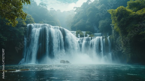 Cascading waterfalls generating hydroelectricity, surrounded by lush greenery