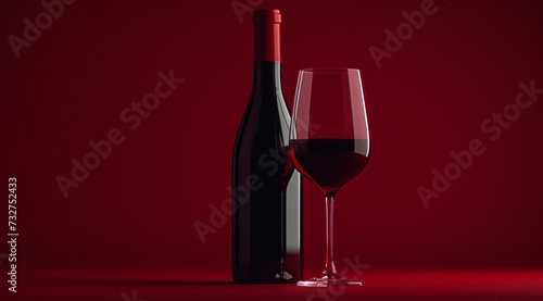 bottle and glass of red wine on a red background