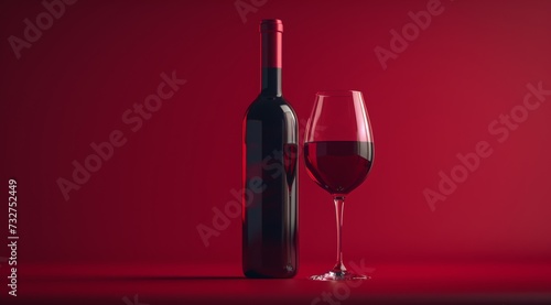 bottle and glass of red wine on a red background