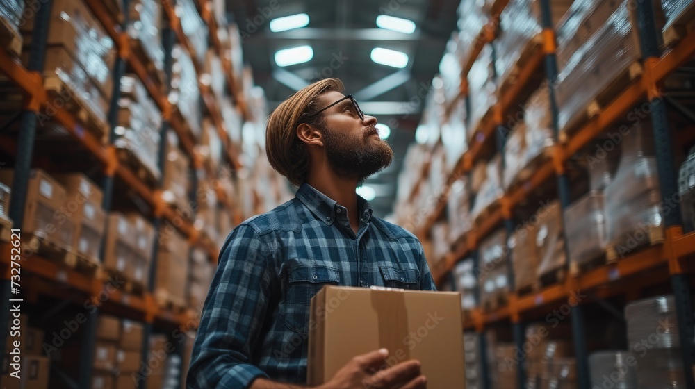A salesman checking scan box in a hardware warehouse. Generative AI. A salesman checking scan box in a hardware warehouse. Generative AI.