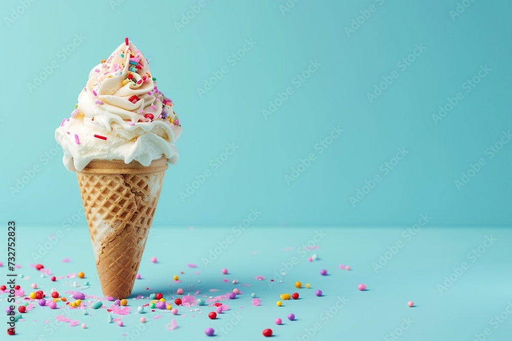 Ice cream with sprinkles in waffle cone on blue background Ice cream with sprinkles in waffle cone on blue background