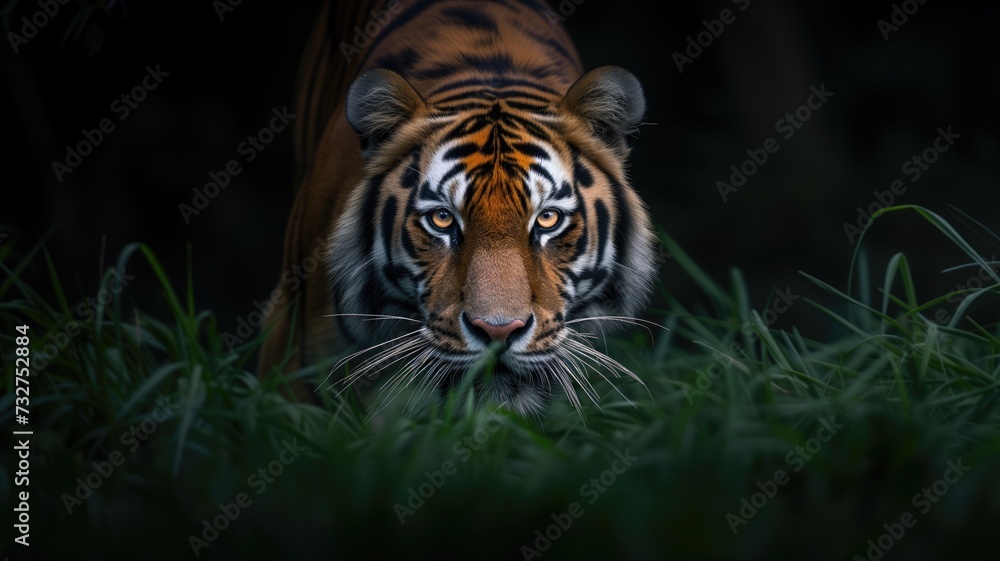Fototapeta premium An intense tiger ready to pounce, concealed by shadows