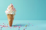 Ice cream with sprinkles in waffle cone on blue background