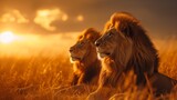Majestic lions basking in the golden savannah sun, exuding strength and grace