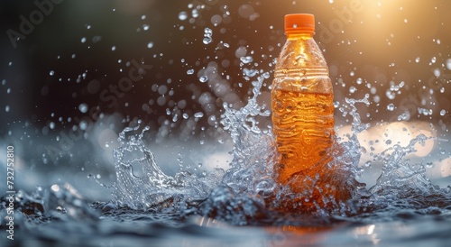 A fizzy orange soft drink bursts with refreshing energy as it collides with crystal clear water, creating a mesmerizing splash of flavor and vitality