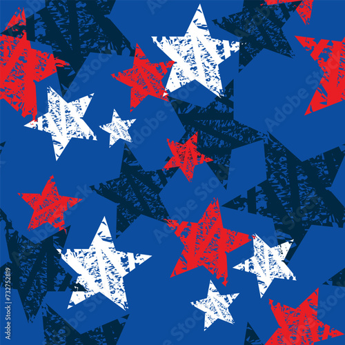Abstract seamless pattern with red and blue stars. American stars pattern. USA colors ornament