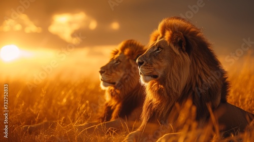 Majestic lions basking in the golden savannah sun, exuding strength and grace