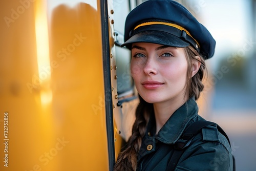 Portrait of a school bus driver standing against bus