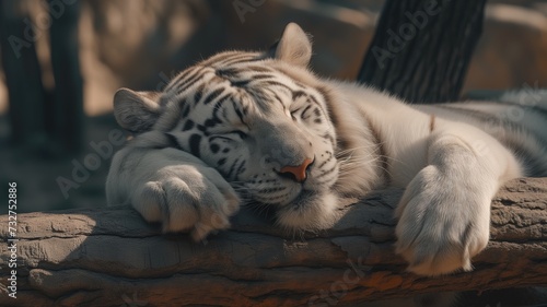 Peaceful white tiger sleeping on a log in sunlight