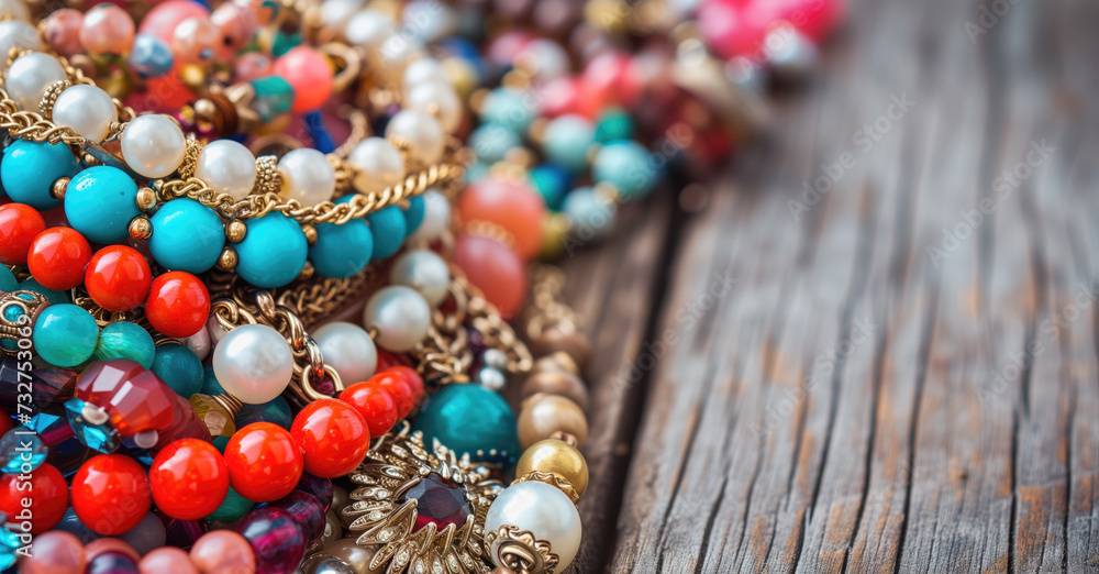 Diverse collection of colorful beaded necklaces on wood Diverse collection of colorful beaded necklaces on wood