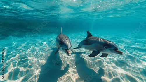 Curious dolphins gracefully swimming in crystal-clear ocean waters, their sleek bodies gliding effortlessly
