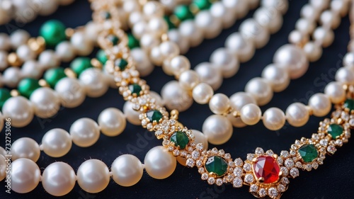 Opulent pearl necklace with emerald and diamond accents on black