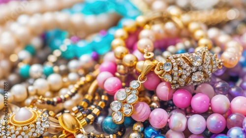 Close-up view of various costume jewelry pieces with vibrant colors