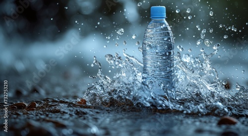 A refreshing burst of hydration as a plastic water bottle plunges into the serene outdoor oasis, sending ripples of liquid joy and nourishment photo