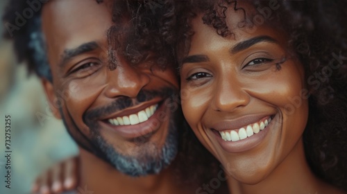 Beaming with happiness, the Black couple's infectious smiles light up the frame. large copyspace area photo