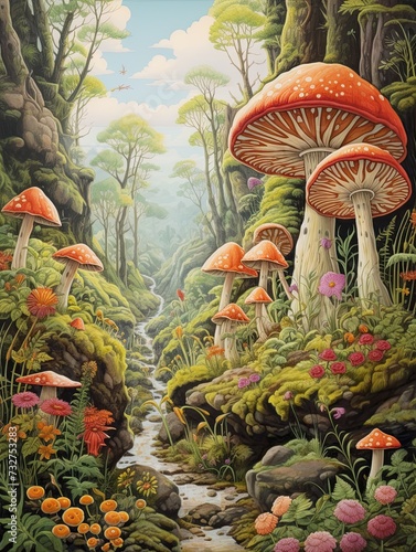 Countryside Whimsy: Mushroom Vintage Scene in a Whimsical Forest - Nature Wall Art and Countryside Decor