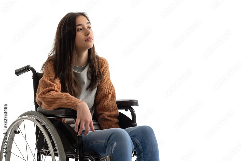Disabled young woman in wheelchair on white background Disabled young woman in wheelchair on white background