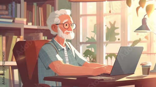 Wallpaper Mural A retired old man smiles happily while using a laptop in his office at home, illustrating contentment in later life Torontodigital.ca