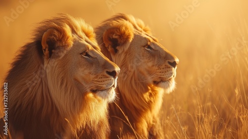 Majestic lions basking in the golden savannah sun, exuding strength and grace © yganko