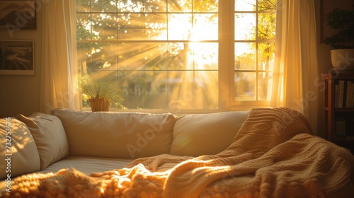 Cozy living room with soft, inviting couches bathed in warm sunlight streaming through the window photo