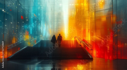 Amber light dances on the abstract reflections of the city street  guiding a couple s ascent towards the artistic wonders awaiting them