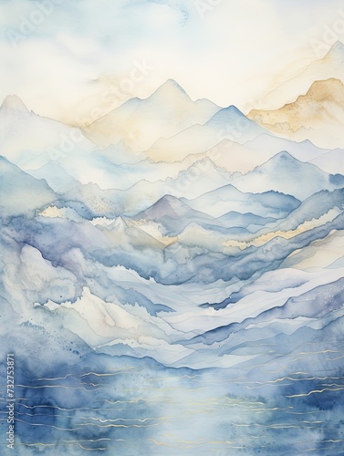 Muted Watercolor Mountain Ranges  Ocean Wall Decor with Watercolor Mountains and Oceans