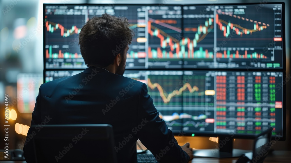 Business man looking computer screen with many stock market graphs. financial data and a big data monitoring system. Generative AI. Business man looking computer screen with many stock market graphs. financial data and a big data monitoring system. Generative AI.