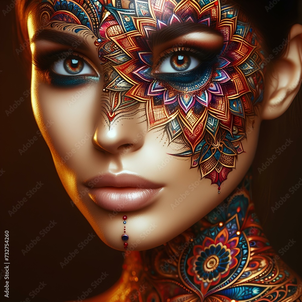 A close-up shot of a beautiful women  vibrant and intricate mandala pattern, radiating with rich colors and symbolism.