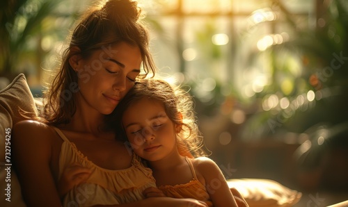 A peaceful moment captured in time, as a woman and her beloved toddler rest together under the warm embrace of the sun, their serene faces mirroring the purest form of love
