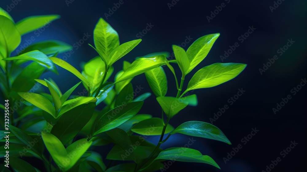 Vibrant green leaves with visible water droplets on a dark background, highlighting the plant's freshness and vitality Vibrant green leaves with visible water droplets on a dark background, highlighting the plant's freshness and vitality