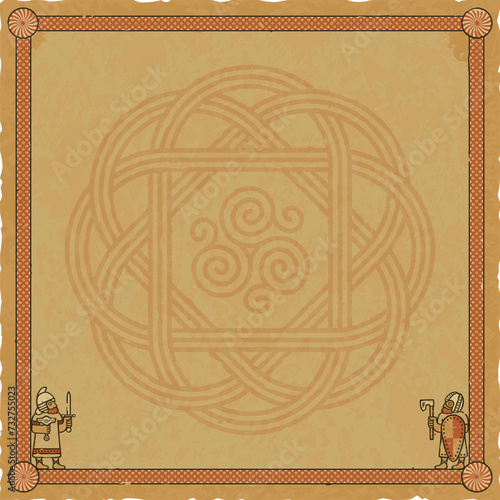 Square Parchment with Viking Warriors, Norse Frame, Celtic Motif