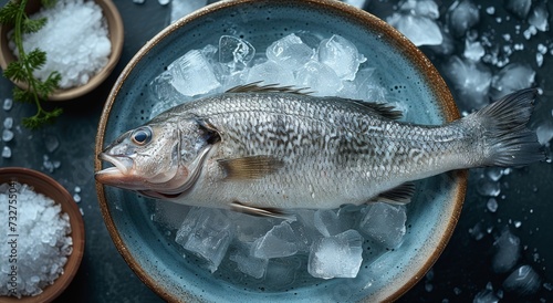 A lone fish navigates through a frozen world of captivity, surrounded by icy barriers and submerged in the chilling embrace of a plant-filled bowl