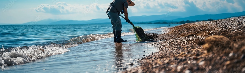 People cleaning up a beautiful beach for earth day People cleaning up a beautiful beach for earth day