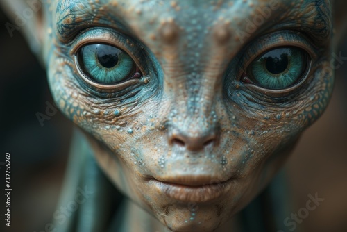 An enigmatic alien statue gazes with piercing eyes, its animal-like features frozen in a captivating closeup amidst the outdoor scenery