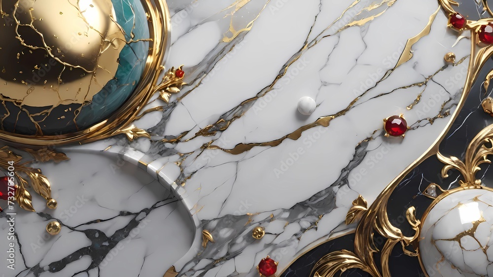 Texture marmoree lussuose con dettagli dorati e abbellimenti di pietre preziose

