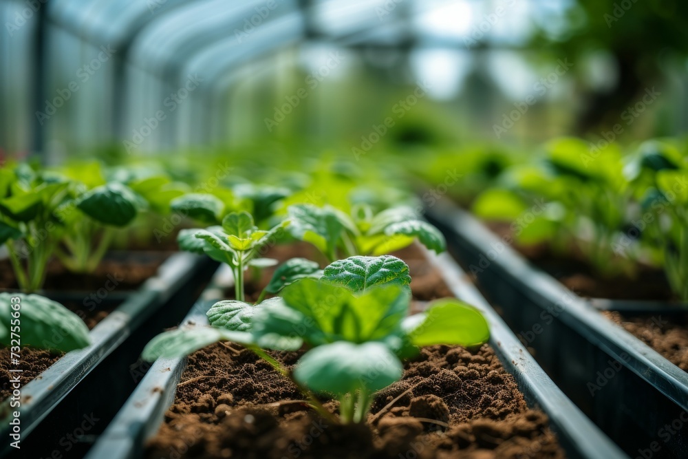 Seedlings in a greenhouse. Background with selective focus and copy space Seedlings in a greenhouse. Background with selective focus and copy space