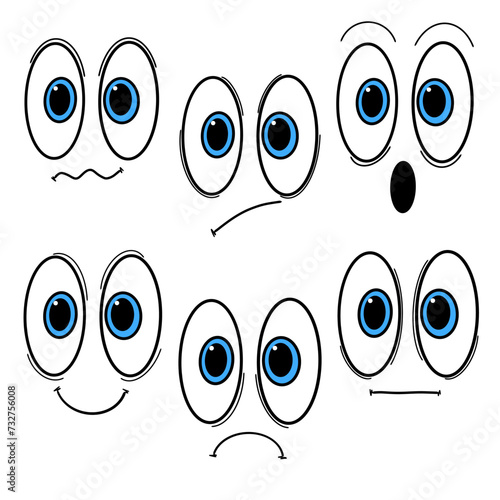 Smiley face with blue eyes hand drawn set isolated on transparent background, doodles, scribbles