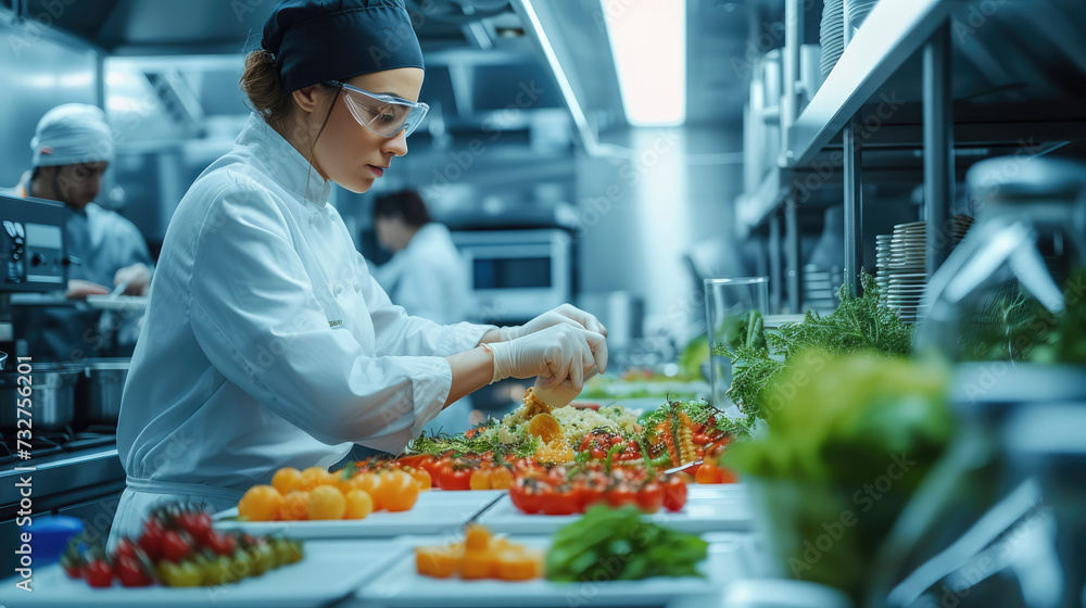 Chefs and scientists work side by side, creating dishes that are as nutritious in modern fusion of kitchen and lab. Generative AI. Chefs and scientists work side by side, creating dishes that are as nutritious in modern fusion of kitchen and lab. Generative AI.