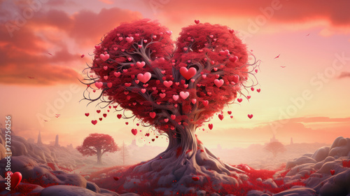 illustration of a heart shaped tree in a magic romantic landscape