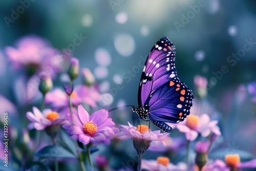 Butterfly on the spring field. Background with selective focus and copy space
