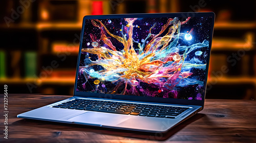 A laptop sits atop a table