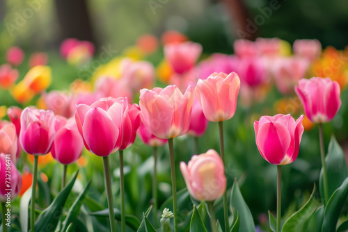 Spring tulips of the same color. Background with selective focus and copy space