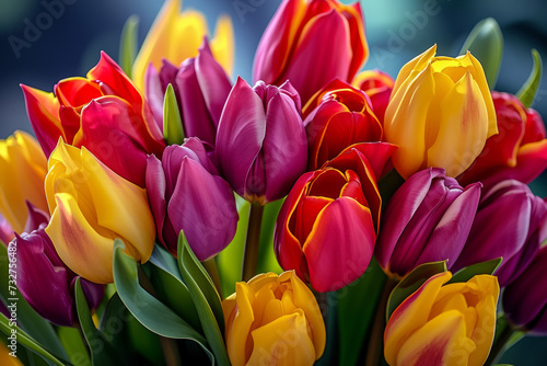 Spring tulips close-up. Background with selective focus and copy space
