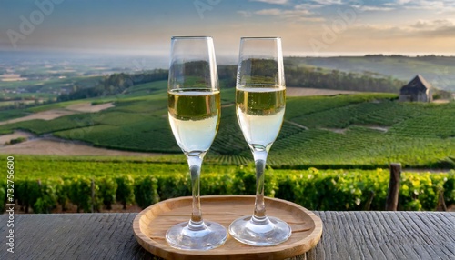 tasting of brut and demi sec white champagne sparkling wine from special flute glasses with champagne vineyards on background near cramant france